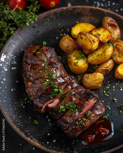 Grilled steak with fried potatoes in the pan. Food concept photo art