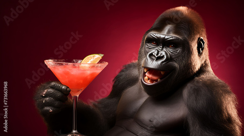 Happy playful gorilla with a cocktail