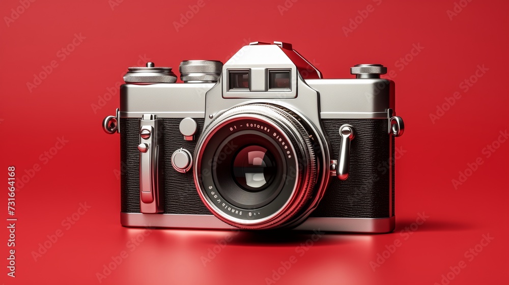 A striking visual of a vintage silver and red retro photo camera elegantly isolated on a vibrant red background 