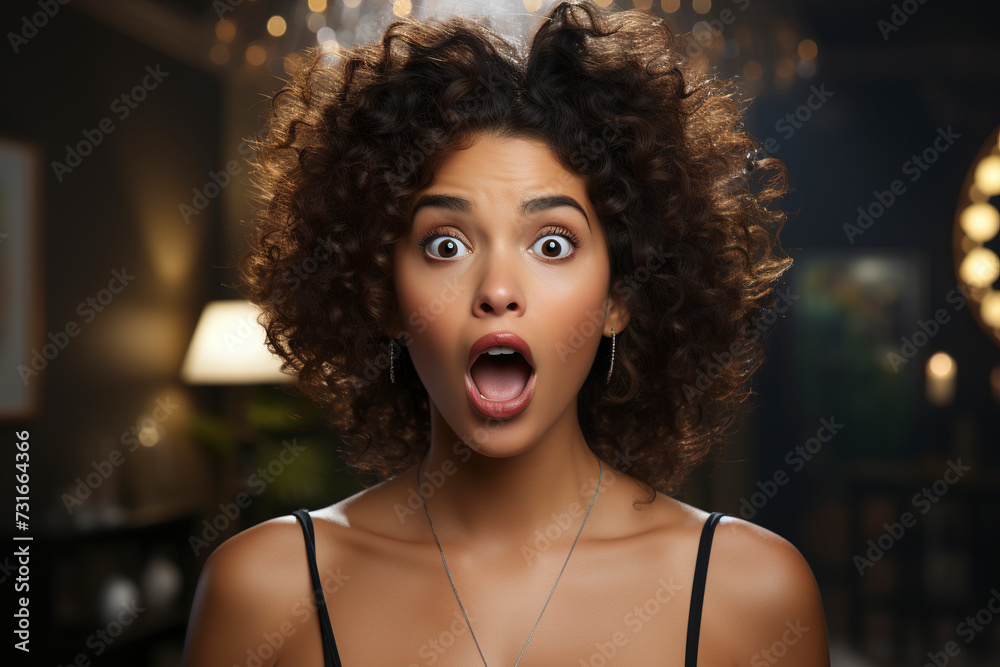 Attractive African American woman with surprised face. Sudden incredible news reaction. Wow effect. Woman with wow face. Expressive facial expressions businesswoman.