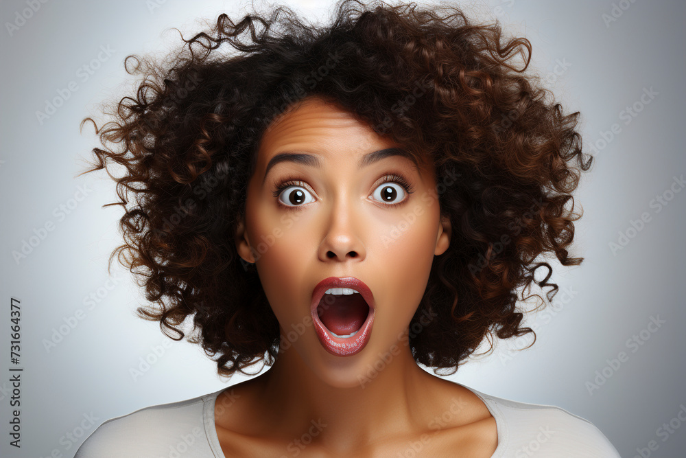 Attractive African American woman with surprised face. Sudden incredible news reaction. Wow effect. Woman with wow face. Expressive facial expressions businesswoman.