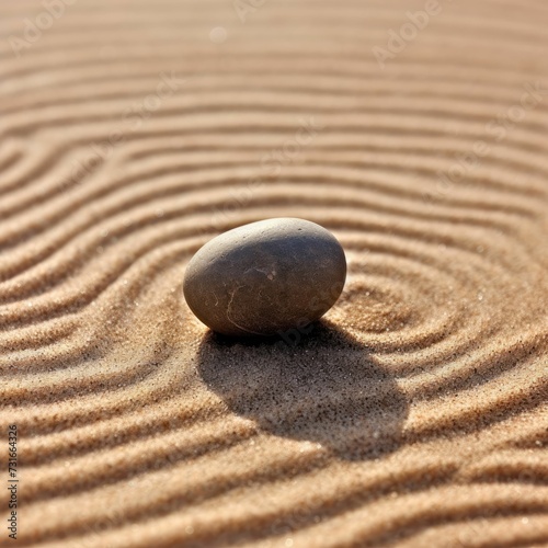 AI generated illustration of a rough round stone on a golden-hued sand at a beach