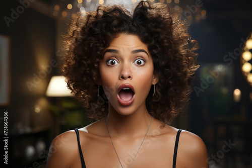 Obraz na płótnie Attractive African American woman with surprised face. Sudden incredible news reaction. Wow effect. Woman with wow face. Expressive facial expressions businesswoman. w salonie