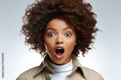 Obraz na płótnie Attractive African American woman with surprised face. Sudden incredible news reaction. Wow effect. Woman with wow face. Expressive facial expressions businesswoman. w salonie