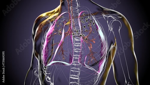 Medical 3D animation depicting lungs affected by silicosis within a transparent human body, revealing dark silicotic nodules, emphasizing respiratory health issues due to silica exposure.