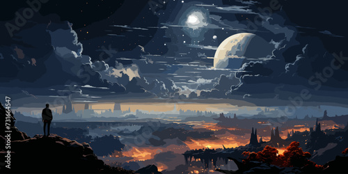 man on top of mountain looking at another planet,illustration painting