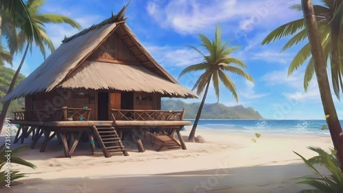 The peaceful feel of a traditional hut on the beach with views of the sea water with calm waves, as well as green natural scenery photo