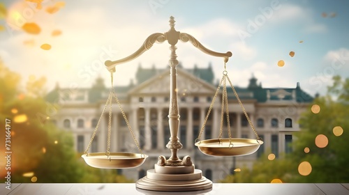 Fairness scales of justice against court house building background banner concept of business financial protection by law Generative AI photo