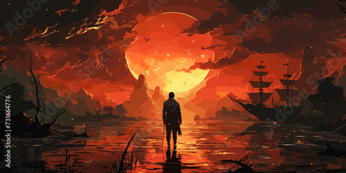 A man standing in a river with his shipwreck against the background of the sky upside down, digital art style, illustration painting