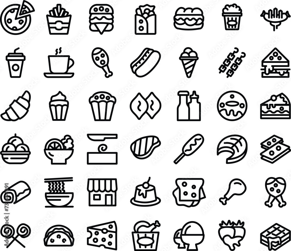Satisfy cravings visually with the vibrant Fast Food Line Icons. From burgers to pizzas, these mouthwatering symbols add flavor to menus, apps, and social media. Indulge in irresistible design delight Satisfy cravings visually with the vibrant Fast Food Line Icons. From burgers to pizzas, these mouthwatering symbols add flavor to menus, apps, and social media. Indulge in irresistible design delight