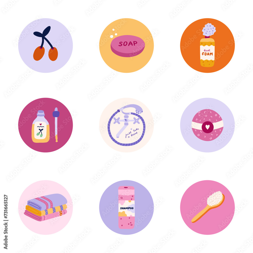 Cute and funny round highlights for social media, blogs, business, branding with spa, hygiene and bathe illustrations. Cover icons for stories with cosmetic products, washing items vector clipart Cute and funny round highlights for social media, blogs, business, branding with spa, hygiene and bathe illustrations. Cover icons for stories with cosmetic products, washing items vector clipart