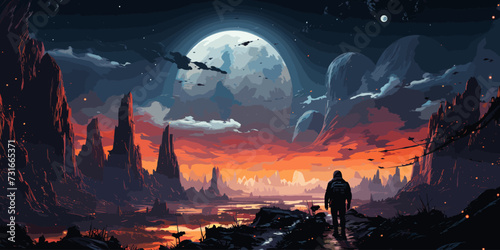 astronaut on turquoise planet with glowing blue minerals, digital art style, illustration painting