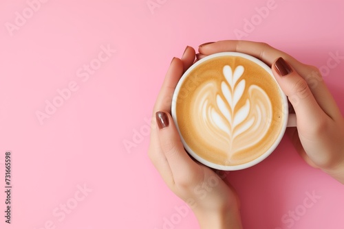 Woman's hands holding a cup of coffee with Latte Art on pink background with copy space