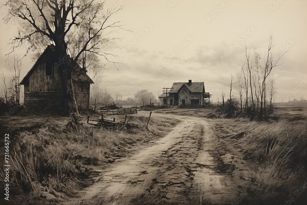 Country Farmhouse in Rustic Landscape Painting
Country Farmhouse in Rustic Landscape Painting