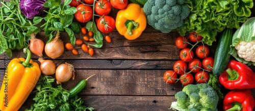 Top view of various fresh vegetables on a wooden table