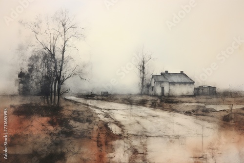 Country Farmhouse in Rustic Landscape Painting