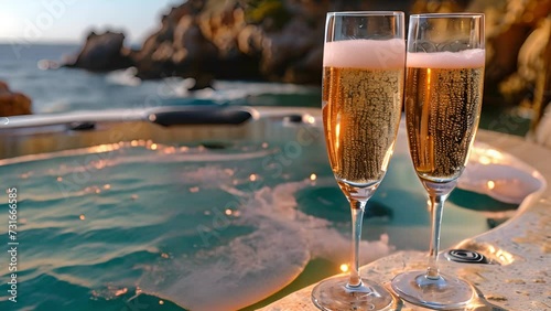 champagne glasses by jacuzzi ocean view. romantic scene at resort. Hot tub bubbling on Holiday resort romantic 4k video photo