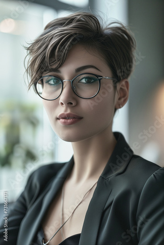 A young secretary in the office with pixie haircut and glasses. AI generated.