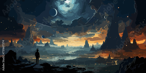 beautiful scenery showing the young boy standing among glowing planets and holding the star up in the night sky, digital art style, illustration painting