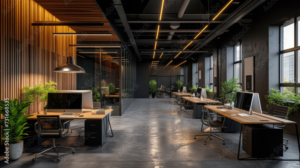 Interior of modern coworking office with black walls, concrete floor, rows of computer tables and panoramic windows