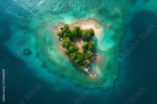 Heart-shaped tropical island surrounded by turquoise water seen from above. perfect for romantic getaways and nature themes. AI © Irina Ukrainets