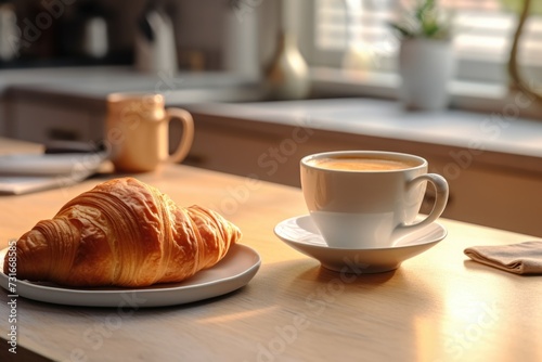 Cozy Breakfast Scene  Homemade Croissant and Coffee in Soft Light