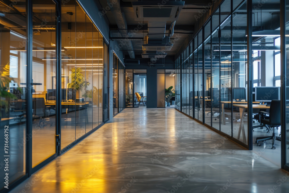 Obraz premium Interior of modern coworking office with black walls, concrete floor, rows of computer tables and panoramic windows
