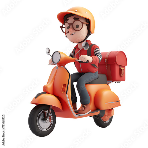 3D rendering of a delivery man driving a scooter on a transparent background PNG.