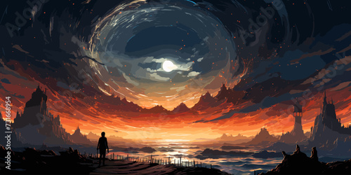 man with magic spear makes a swirling sea in the sky, digital art style, illustration painting