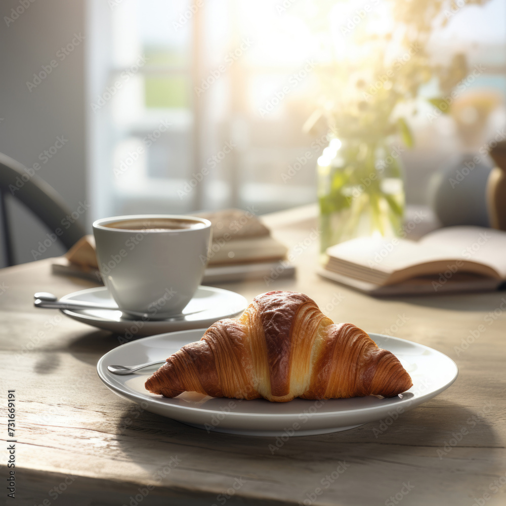 French Delight: Croissant and Espresso Coffee on Kitchen Table French Delight: Croissant and Espresso Coffee on Kitchen Table