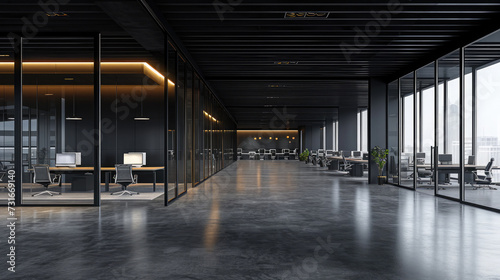 Interior of modern coworking office with black walls, concrete floor, rows of computer tables and panoramic windows