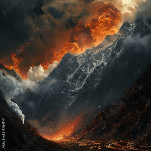Dramatic volcanic eruption in mountainous landscape under ominous clouds. fiery lava flow artwork. intense nature scene. AI
