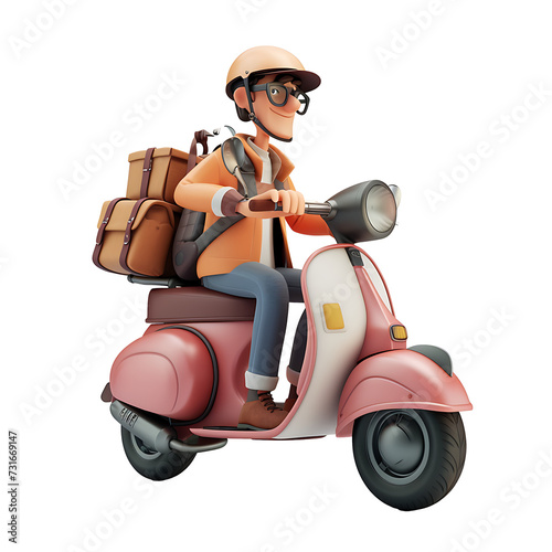 3D rendering of a delivery man driving a scooter on a transparent background PNG.