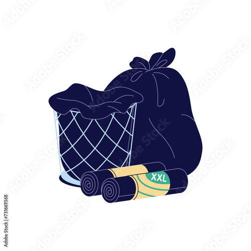 Empty trashcan, office wastebasket, home dustbin. Full garbage bag. Trash bin, rubbish basket. Bucket to throw house waste. Housework tool. Flat isolated vector illustration on white background