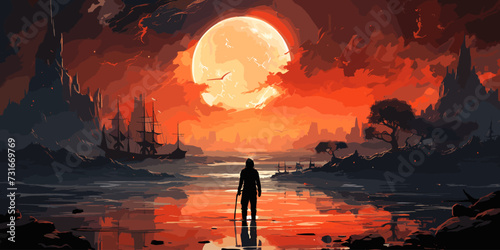 A man standing in a river with his shipwreck against the background of the sky upside down, digital art style, illustration painting