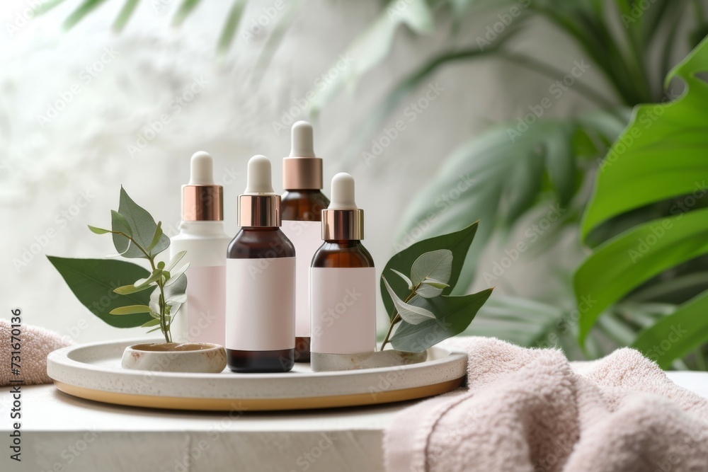 Cosmetics packaging. Set of different cosmetic bottles of cream or serum on a ceramic tray. Blank packaging. Natural beauty spa product concept. Beauty. Cosmetics packaging. Set of different cosmetic bottles of cream or serum on a ceramic tray. Blank packaging. Natural beauty spa product concept. Beauty.