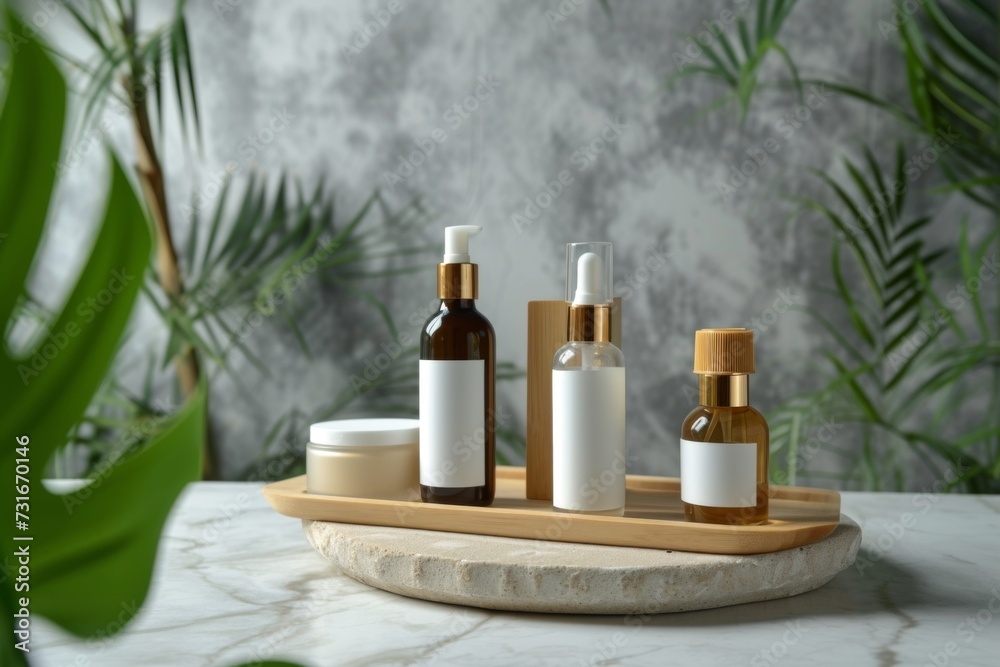 Cosmetics packaging. Set of different cosmetic bottles of cream or serum on a ceramic tray. Blank packaging. Natural beauty spa product concept. Beauty.