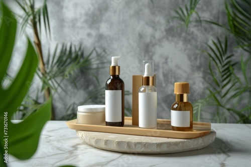 Cosmetics packaging. Set of different cosmetic bottles of cream or serum on a ceramic tray. Blank packaging. Natural beauty spa product concept. Beauty.