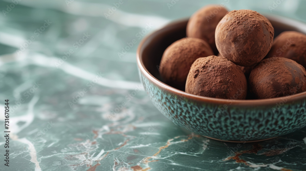 Delicious chocolate truffles lie in a saucer on a green marble table. Concept for National Truffle Day, May 2. Delicious chocolate truffles lie in a saucer on a green marble table. Concept for National Truffle Day, May 2.