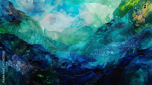 Colorful abstract landscape with layers of translucent veils in shades of blue and green  shimmering with iridescence like an underwater paradise  ethereal forms drifting through the space