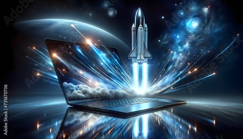 Rocket launch on laptop, flying rocket icon, business startup project concept. 3d render illustration. generative AI, space kouncher, rocket louncher, laptop with rocket, rocket, futuristic photo