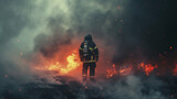 Firefighter finds himself immersed in smoke and facing many flames. Space for text. International Firefighters' Day, May 4. 