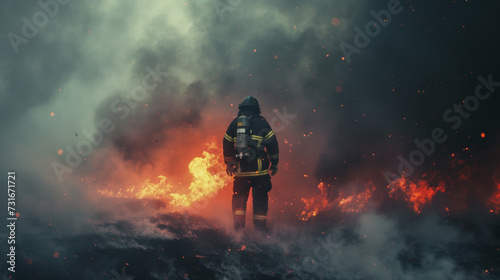 Firefighter finds himself immersed in smoke and facing many flames. Space for text. International Firefighters' Day, May 4. 