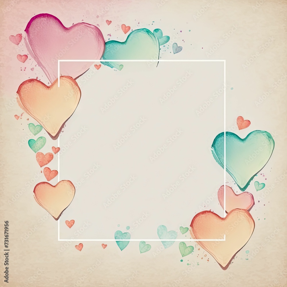 AI generated illustration of a square-shaped frame in soft colors with hearts