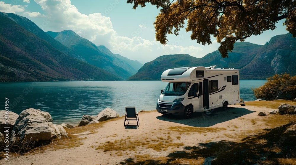 Scenic lake view with parked motorhome, perfect for travel and adventure. a serene retreat to nature's beauty. ideal for camping and road trips. AI Scenic lake view with parked motorhome, perfect for travel and adventure. a serene retreat to nature's beauty. ideal for camping and road trips. AI