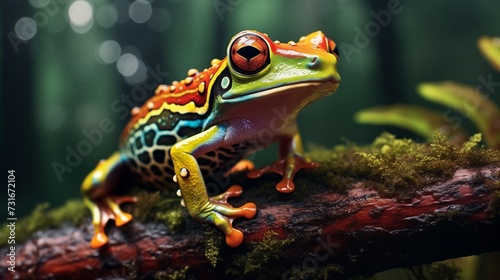 A vibrant and colorful frog perched on a branch in the heart of the forest, captured in a close-up view, showcasing the intricate patterns and hues of its skin 