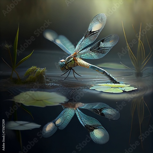 AI-generated illustration of a blue dragonfly over a pond reflected in the water photo