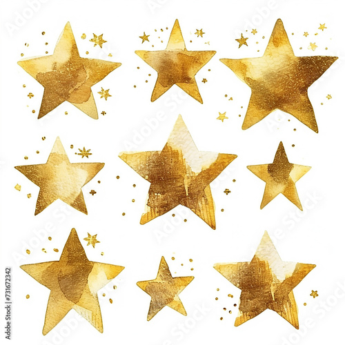 golden 3d stars set cartoon style watercolor illustration on white background