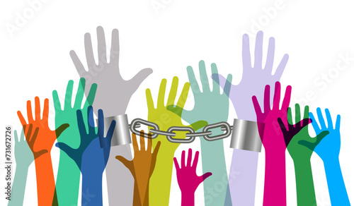 Outstretched hands chained with a metal chain. Protest. Vector illustration. 