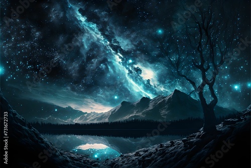 AI-generated illustration of a mountain near a lake under the mysterious starry sky